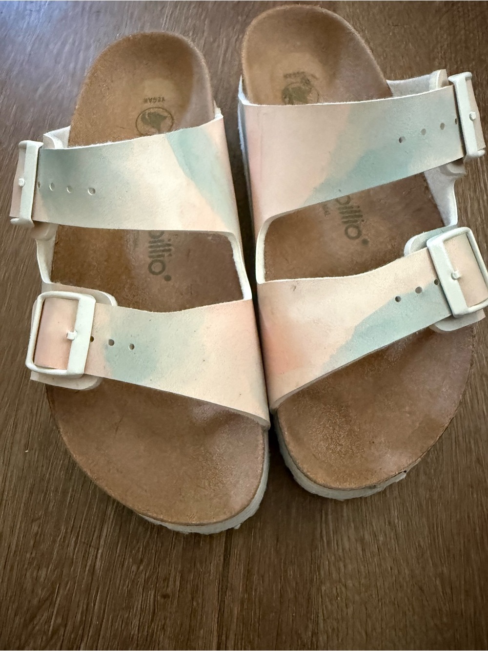 Papillio Two-Buckle Slide Sandals in Pastel Pink and Mint